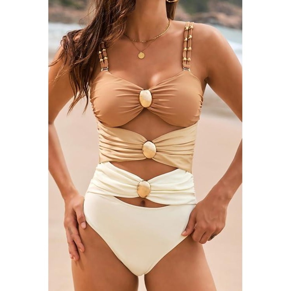 Colorblock Cutout One Piece Swimsuit Brown Tan Cream Gold‎ Accents L NWOT